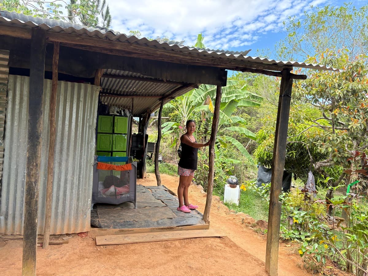 A woman standing on the porch of her home.